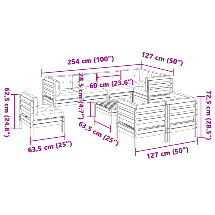 Set Mobilier De Grădină Cu Perne, 9 Piese, Lemn Masiv De Pin