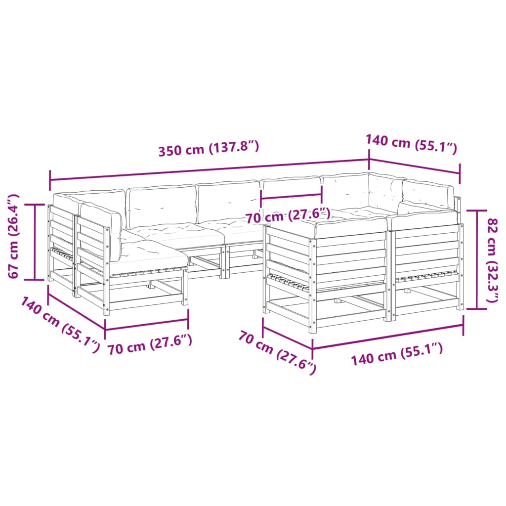 Set Mobilier De Grădină Cu Perne, 9 Piese, Lemn Masiv De Pin