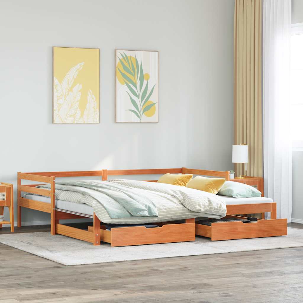 Pat Zi Cu Extensie/Sertare Maro Ceruit 90X200 Cm Lemn Masiv Pin