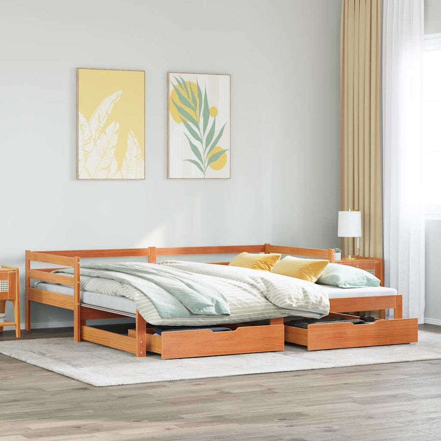 Pat Zi Cu Extensie/Sertare Maro Ceruit 90X200 Cm Lemn Masiv Pin