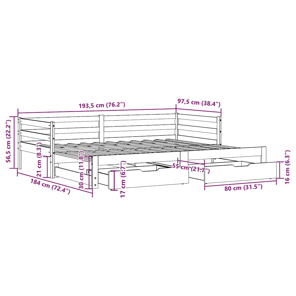 Pat Zi Cu Extensie/Sertare Maro Ceruit 90X190 Cm Lemn Masiv Pin