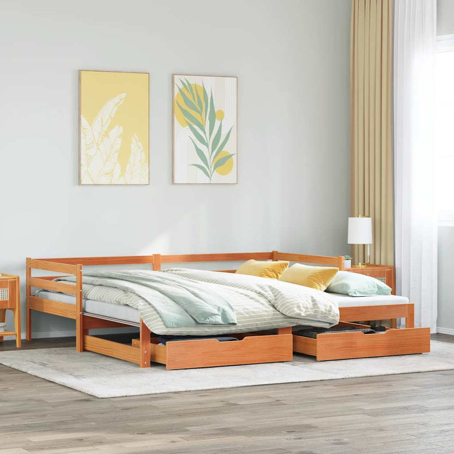 Pat Zi Cu Extensie/Sertare Maro Ceruit 90X190 Cm Lemn Masiv Pin