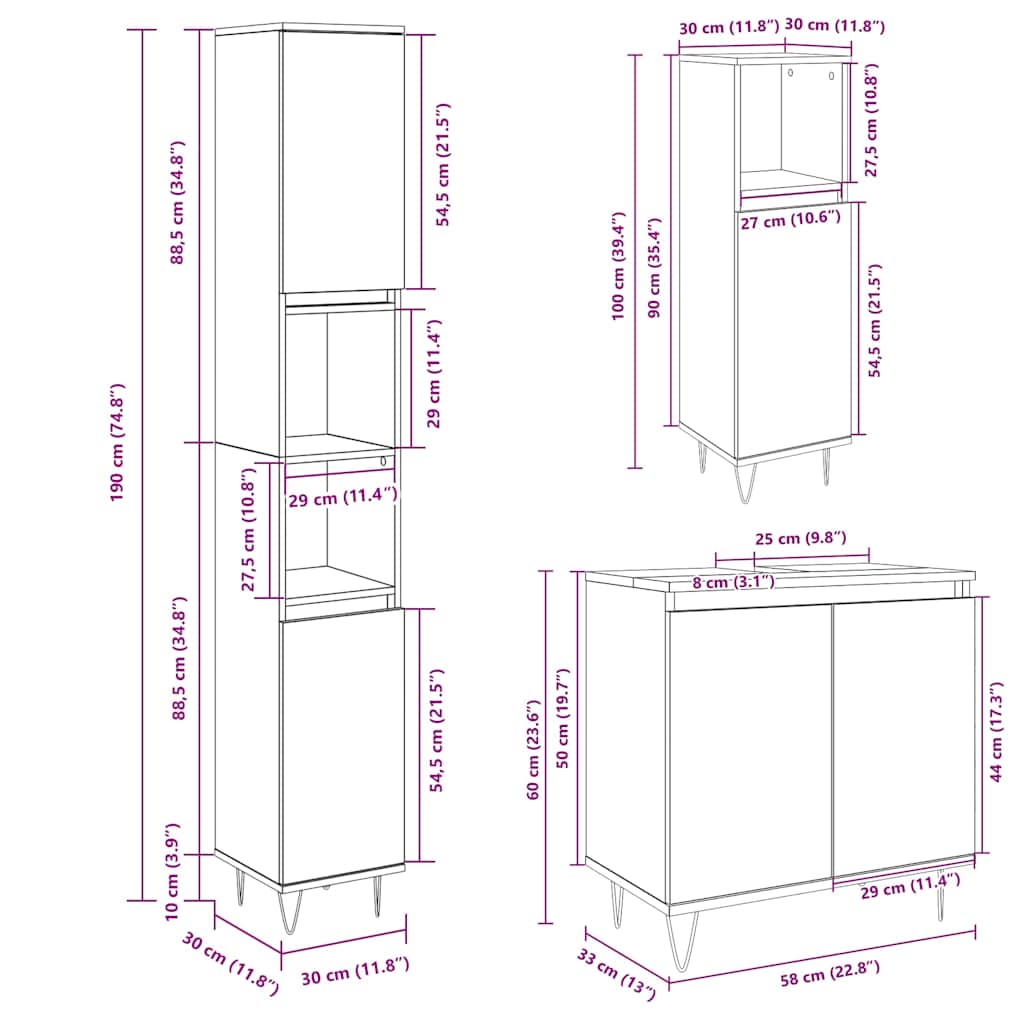 Set Mobilier De Baie, 3 Piese, , Lemn Prelucrat