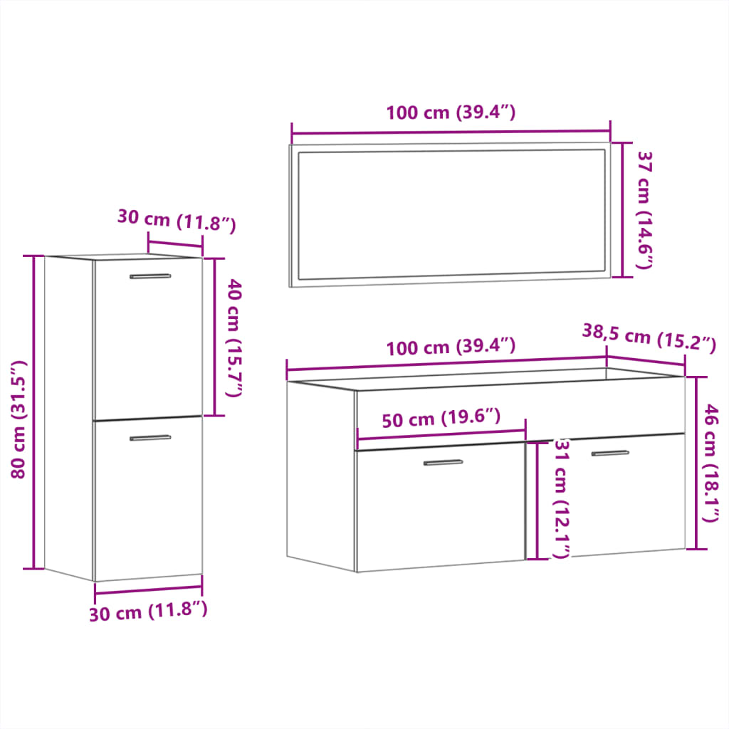 Set Mobilier De Baie, 3 Piese, , Lemn Compozit