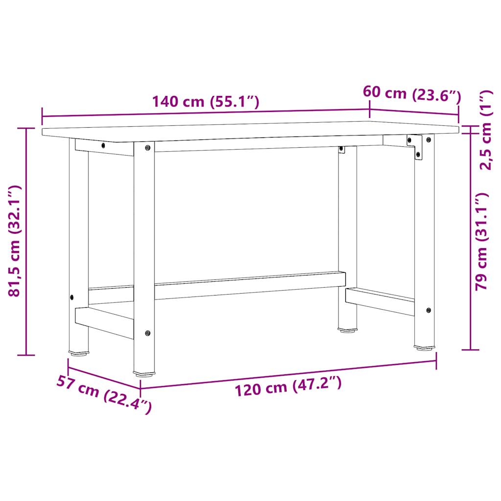 Banc Lucru 140X60X81,5 Cm Lemn Masiv Stejar