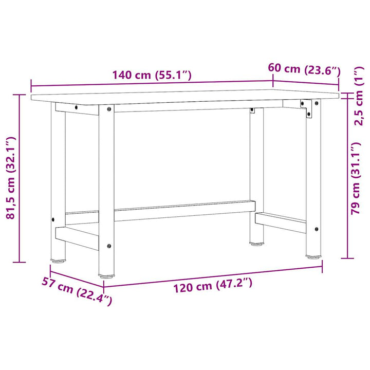 Banc Lucru 140X60X81,5 Cm Lemn Masiv Stejar