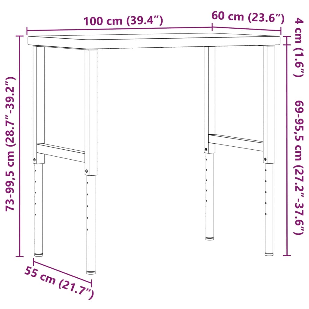 Banc De Lucru 100X60X(73-99,5) Cm Lemn Masiv Fag Dreptunghiular
