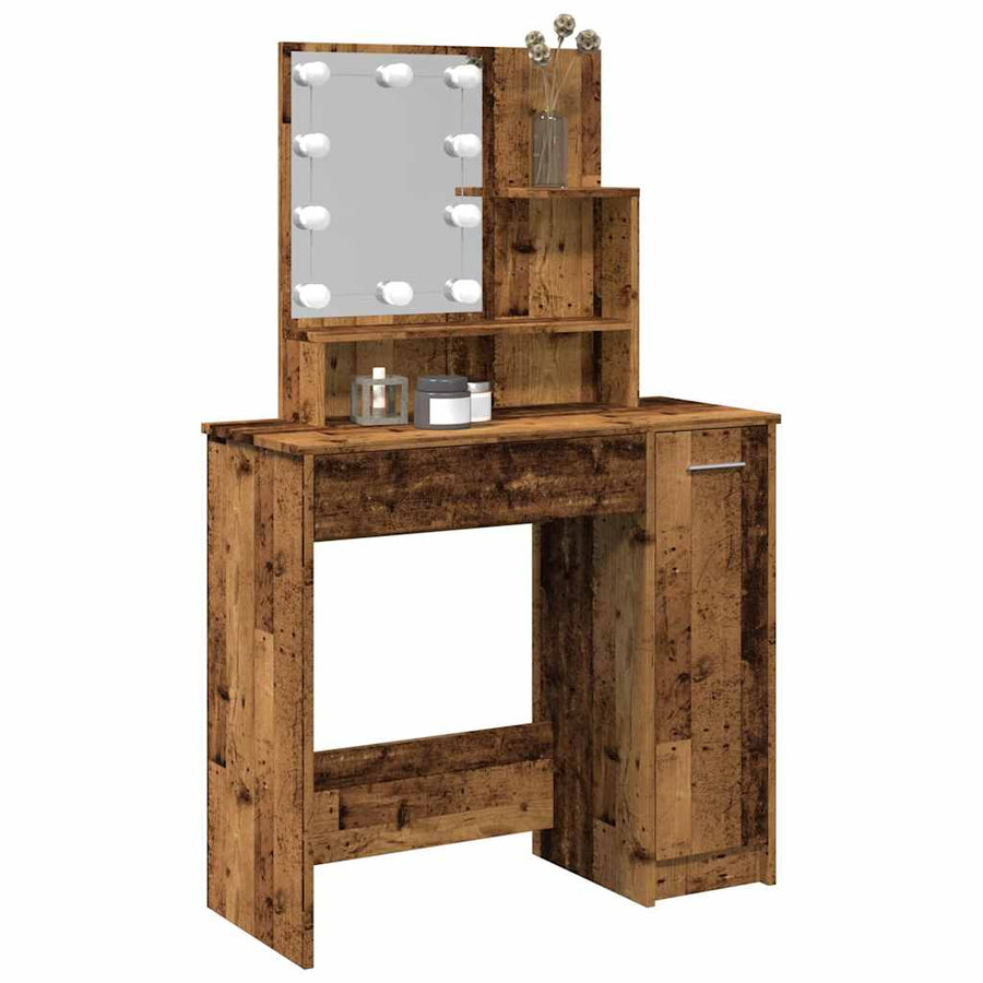 Masă De Toaletă Cu Led, Lemn Vechi, 86,5X35X136 Cm