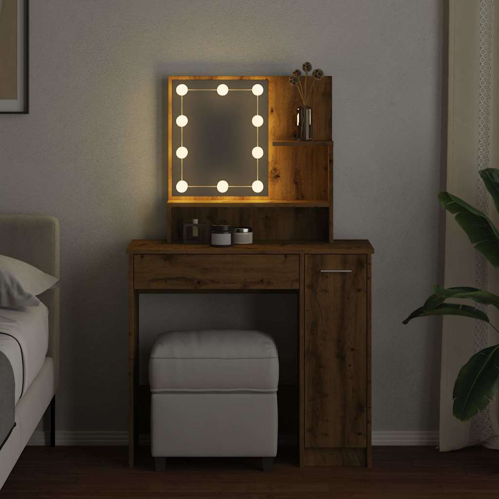 Masă De Toaletă Cu Led, Stejar Artizanal, 86,5X35X136 Cm