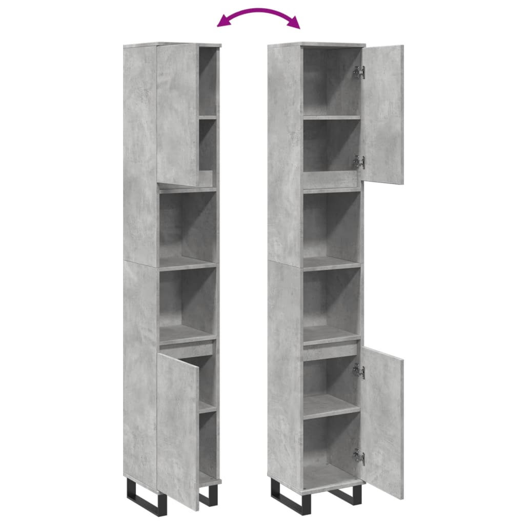 Dulap De Baie, Gri Beton, 30X30X190 Cm, Lemn Prelucrat