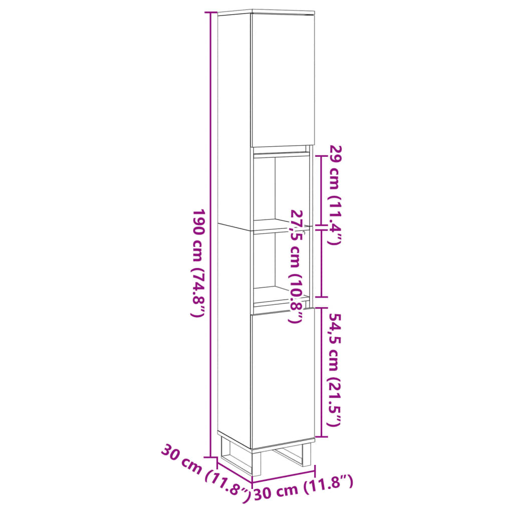 Dulap De Baie, Gri Beton, 30X30X190 Cm, Lemn Prelucrat