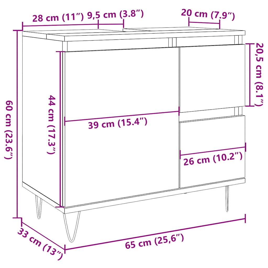 Dulap De Chiuvetă Baie, Gri Beton, 65X33X60 Cm, Lemn Prelucrat
