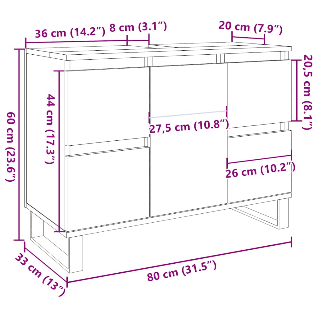 Dulap Chiuvetă Baie, Gri Beton, 80X33X60 Cm, Lemn Compozit