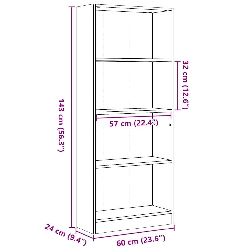 Bibliotecă, Alb Extralucios, 60X24X, Lemn Prelucrat