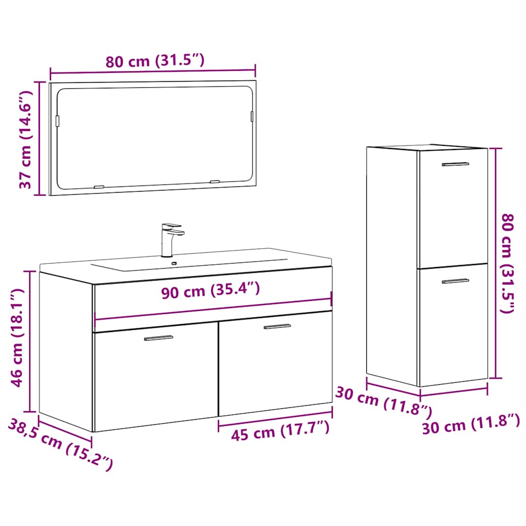 Set Mobilier De Baie, 3 Piese, , Lemn Compozit