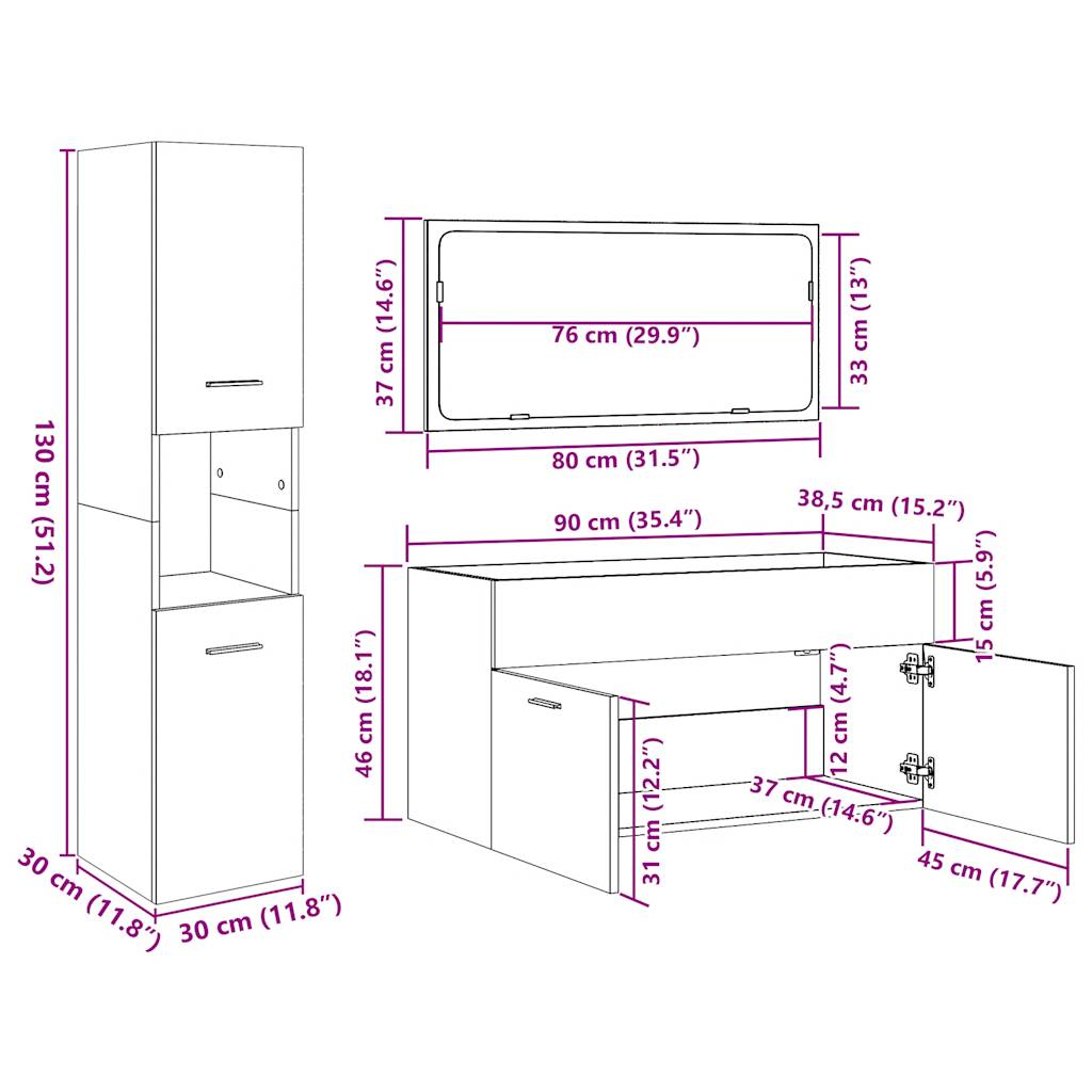 Set Mobilier De Baie, 4 Piese, , Lemn Compozit