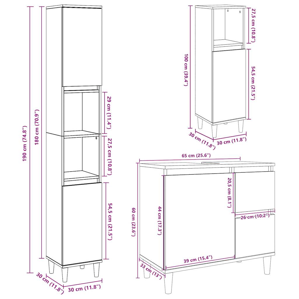 Set Mobilier De Baie, 3 Piese, , Lemn Compozit