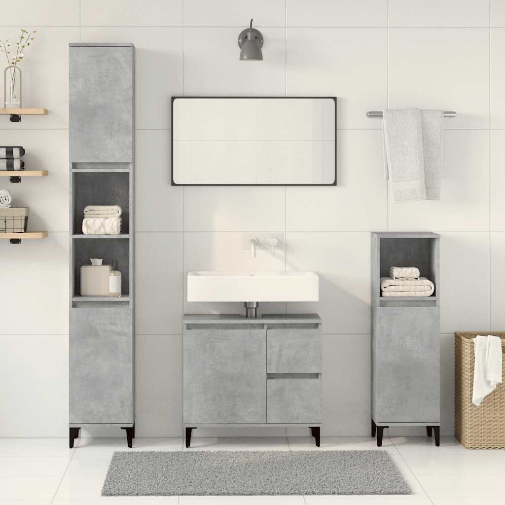 Set Mobilier De Baie, 3 Piese, Gri Beton, Lemn Compozit