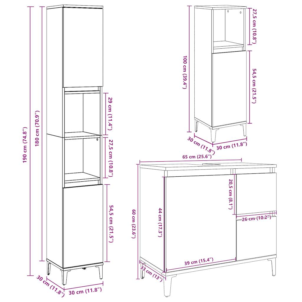 Set Mobilier De Baie, 3 Piese, Gri Beton, Lemn Compozit