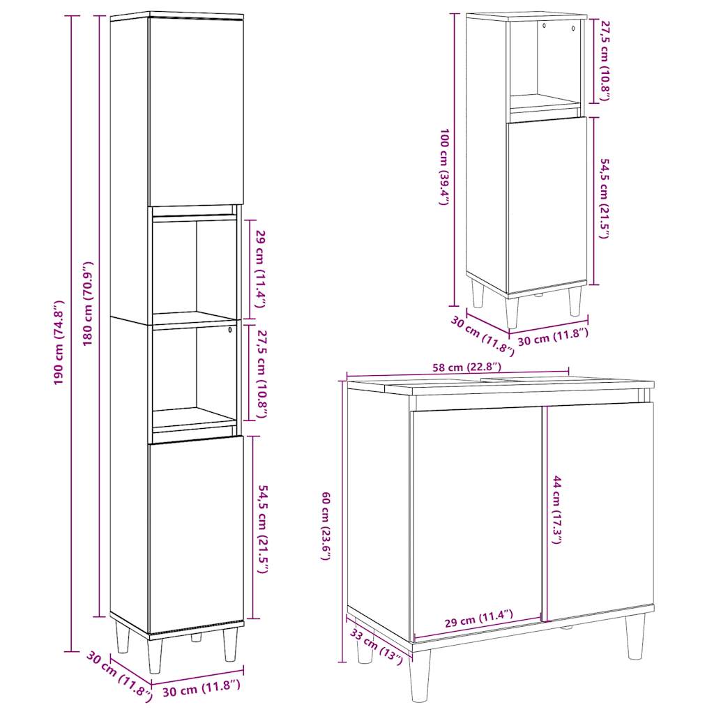 Set Mobilier De Baie, 3 Piese, , Lemn Compozit
