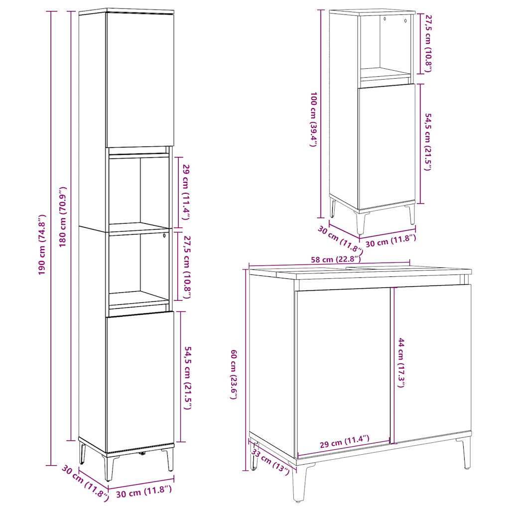 Set Mobilier De Baie, 3 Piese, Gri Beton, Lemn Compozit