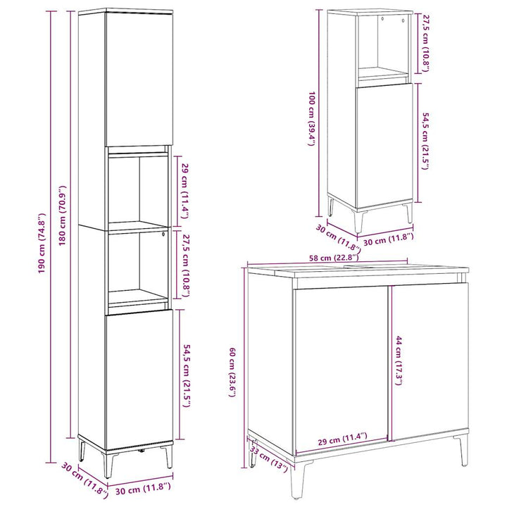 Set Mobilier De Baie, 3 Piese, Gri Beton, Lemn Compozit