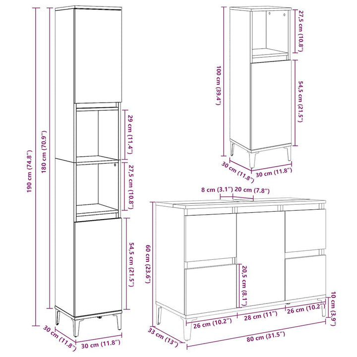 Set Mobilier De Baie, 3 Piese, Gri Beton, Lemn Compozit