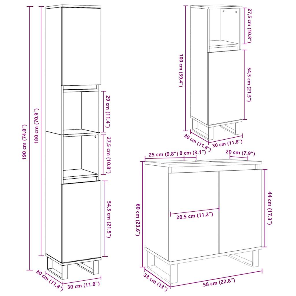 Set Mobilier De Baie, 3 Piese, Gri Beton, Lemn Compozit
