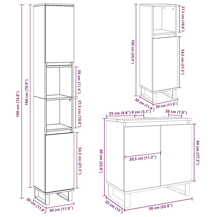 Set Mobilier De Baie, 3 Piese, Gri Beton, Lemn Compozit