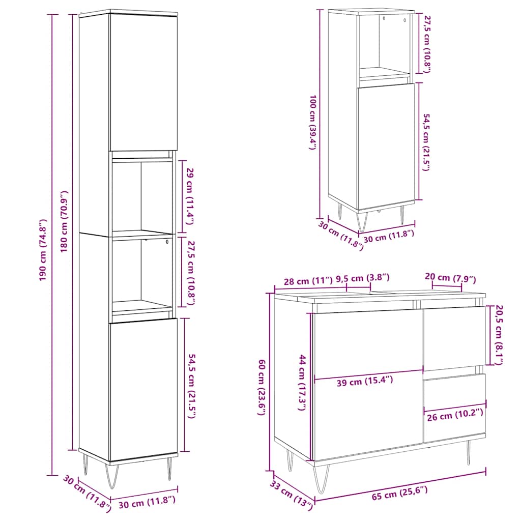 Set Mobilier De Baie, 3 Piese, , Lemn Compozit