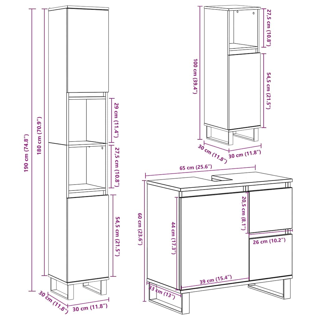 Set Mobilier De Baie, 3 Piese, , Lemn Compozit
