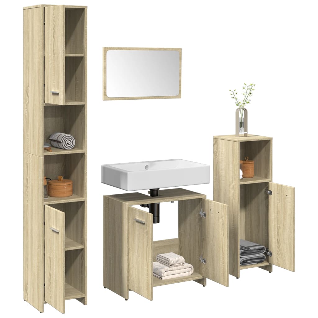 Set Mobilier De Baie, 4 Piese, Alb Extralucios, Lemn Prelucrat
