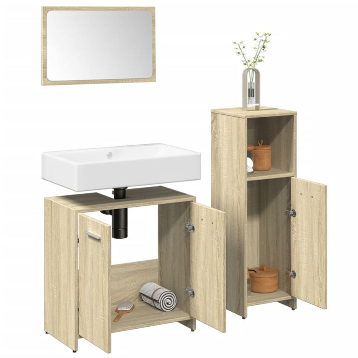 Set Mobilier De Baie, 3 Piese, Stejar Fumuriu, Lemn Prelucrat