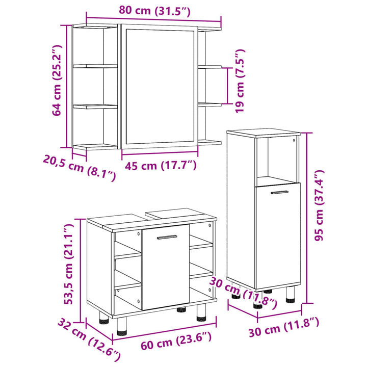 Set Mobilier De Baie, 3 Piese, , Lemn Prelucrat