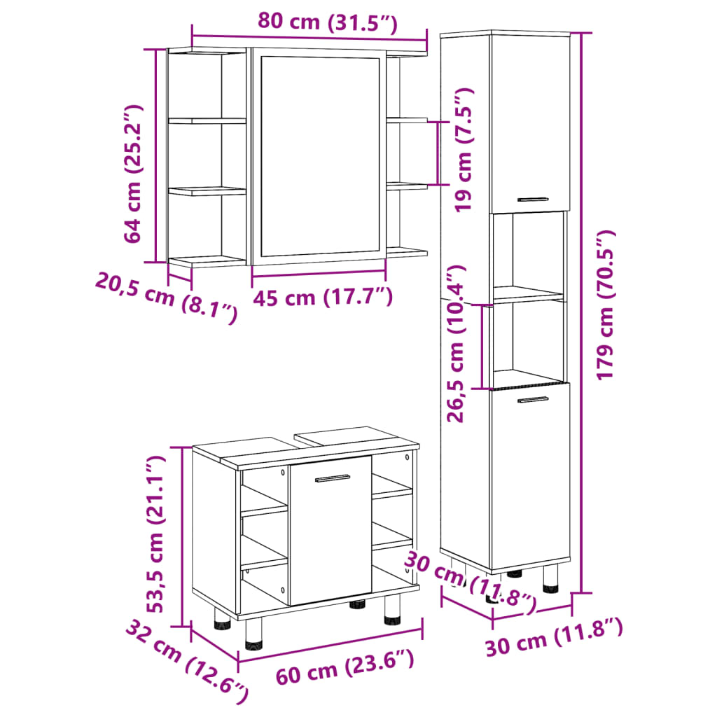 Set Mobilier De Baie, 3 Piese, , Lemn Prelucrat