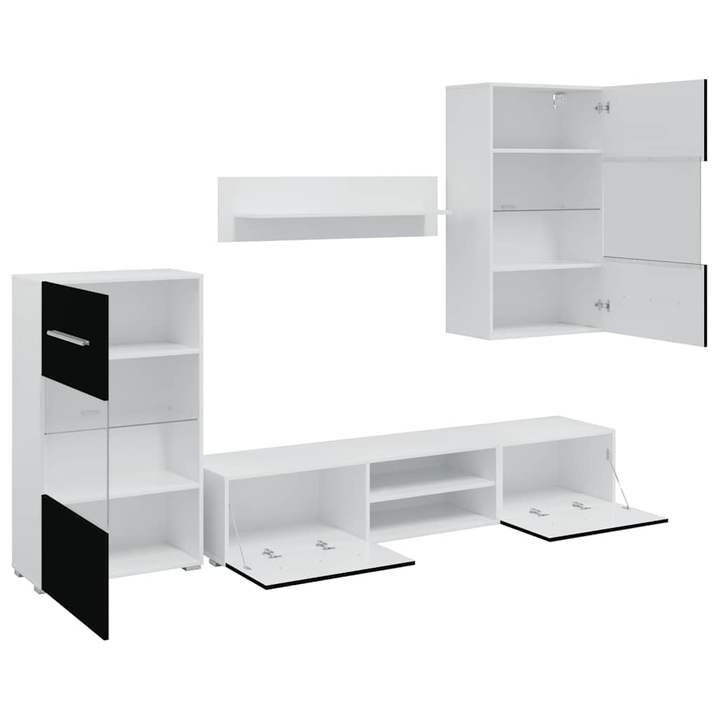 Unități Tv De 5 Piese Cu Iluminare Led Lemn Prelucrat Negru Mat