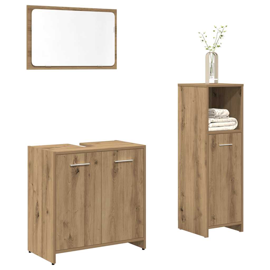 Set Mobilier De Baie, 3 Piese, Stejar Fumuriu, Lemn Prelucrat
