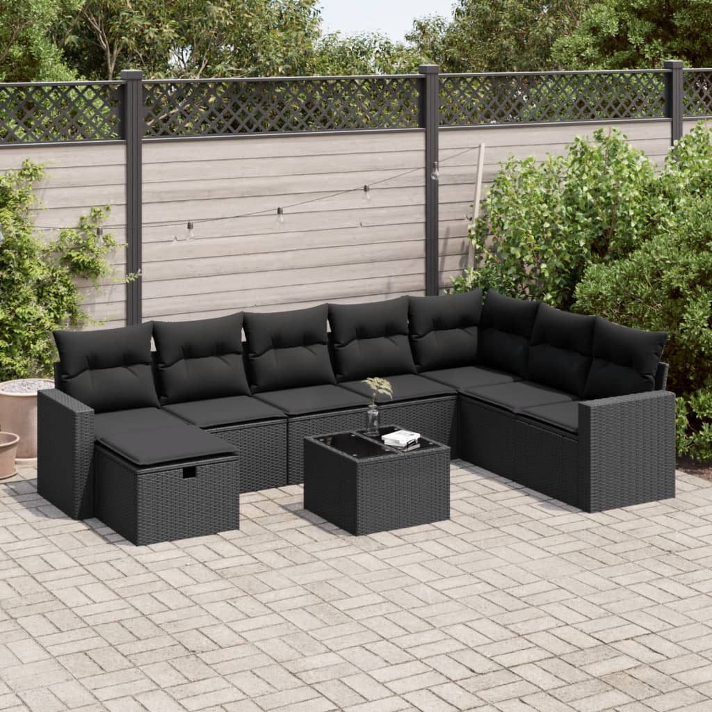Set Canapele De Grădină Cu Perne, 9 Piese, Maro, Poliratan