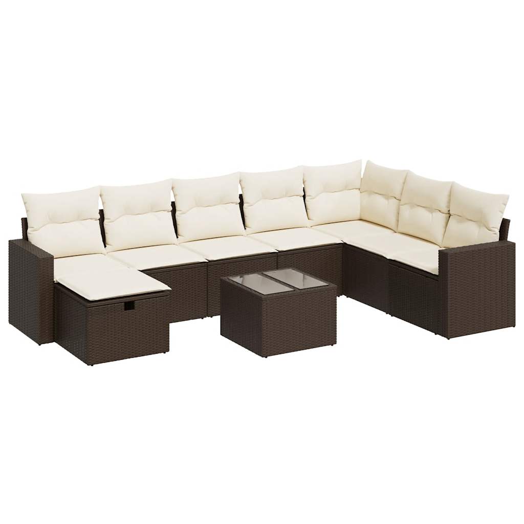 Set Canapele De Grădină Cu Perne, 9 Piese, Maro, Poliratan
