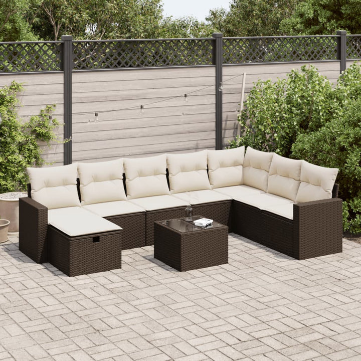 Set Canapele De Grădină Cu Perne, 9 Piese, Maro, Poliratan
