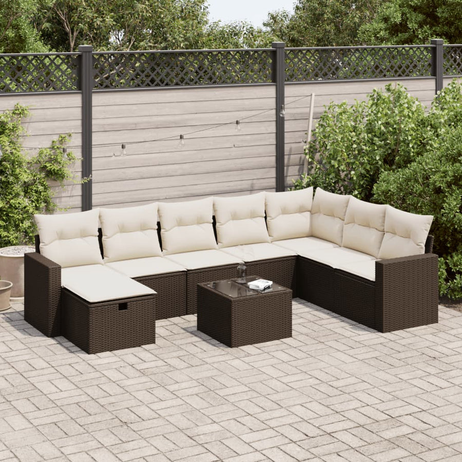 Set Canapele De Grădină Cu Perne, 9 Piese, Maro, Poliratan