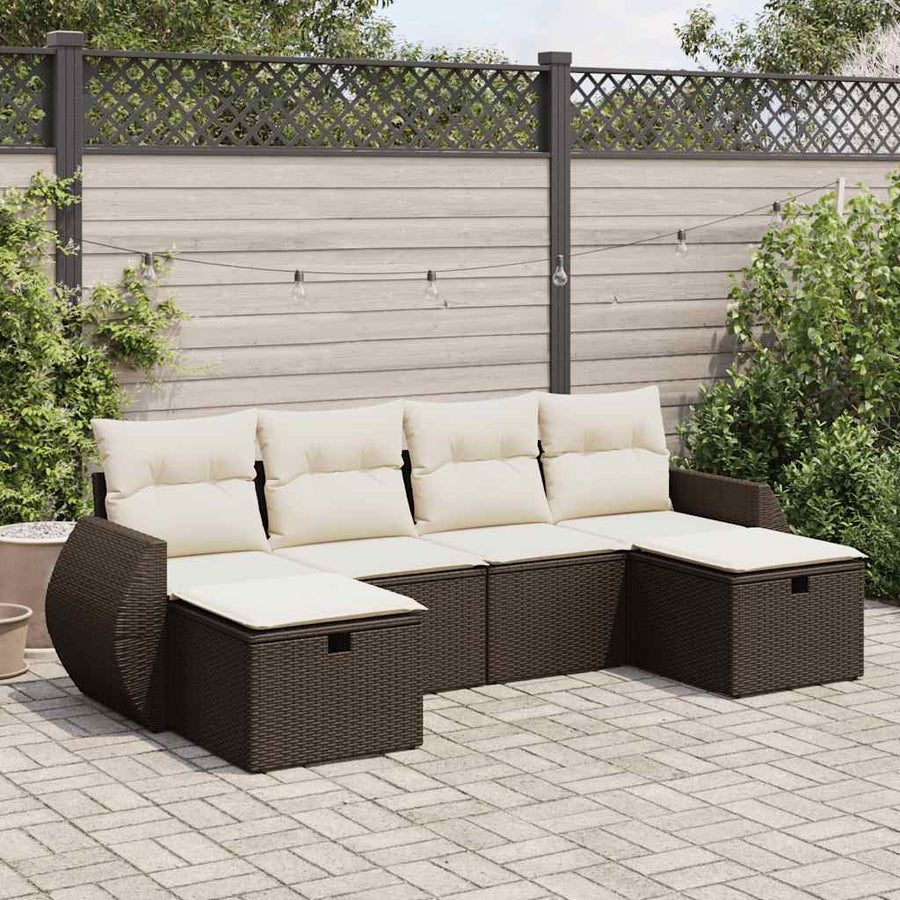 Set Canapele De Grădină Cu Perne, 6 Piese, Maro, Poliratan