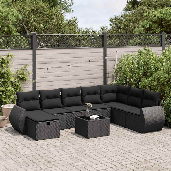 Set Mobilier De Grădină Cu Perne, 9 Piese, Negru, Poliratan