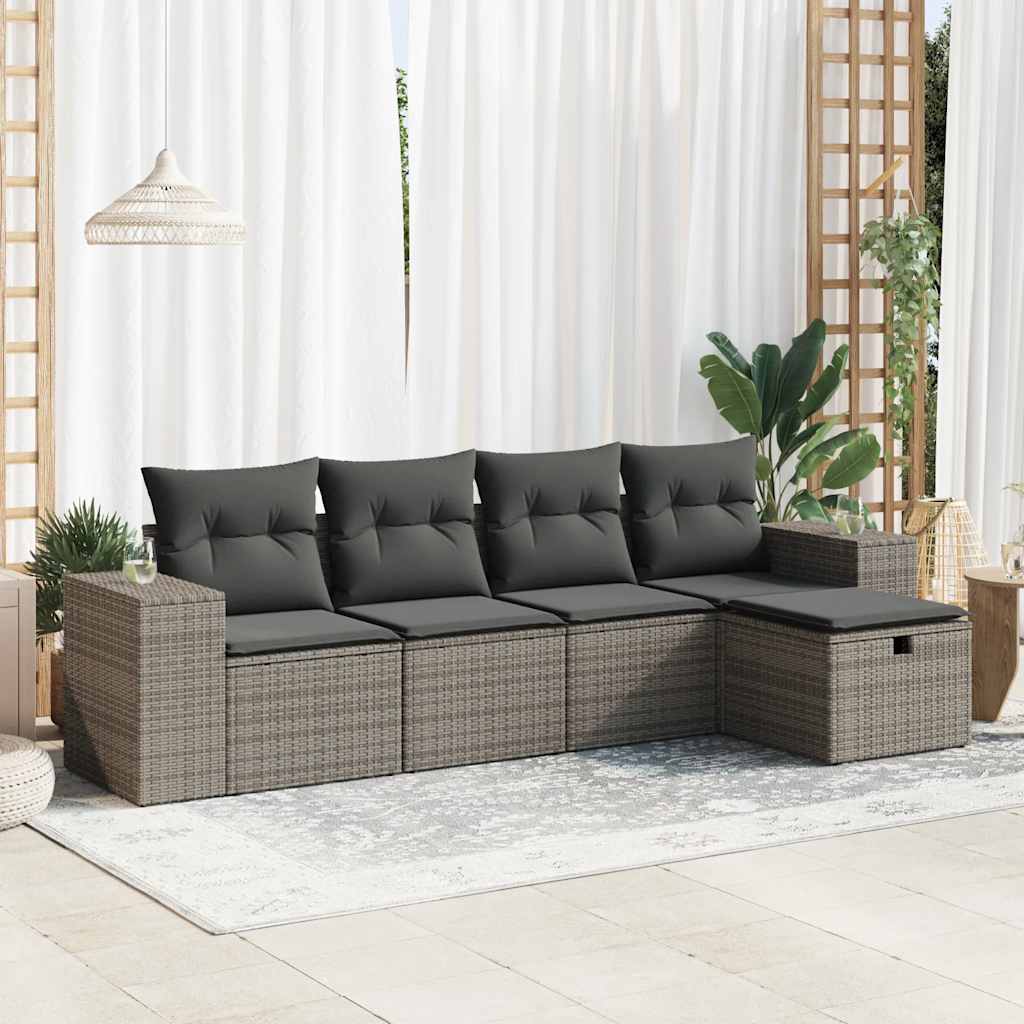 Set Canapele De Grădină Cu Perne, 5 Piese, Maro, Poliratan