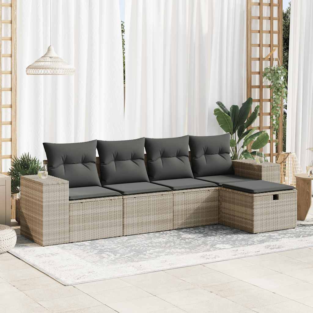 Set Canapele De Grădină Cu Perne, 5 Piese, Maro, Poliratan