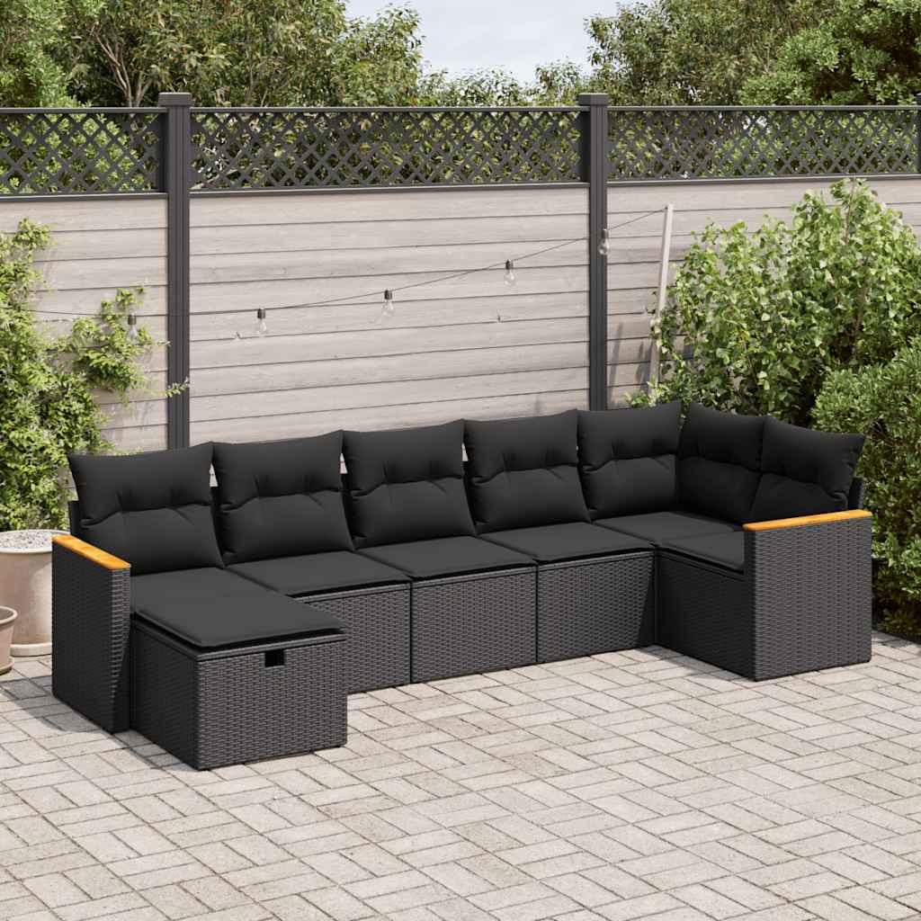 Set Canapele De Grădină Cu Perne, 7 Piese, Negru, Poliratan