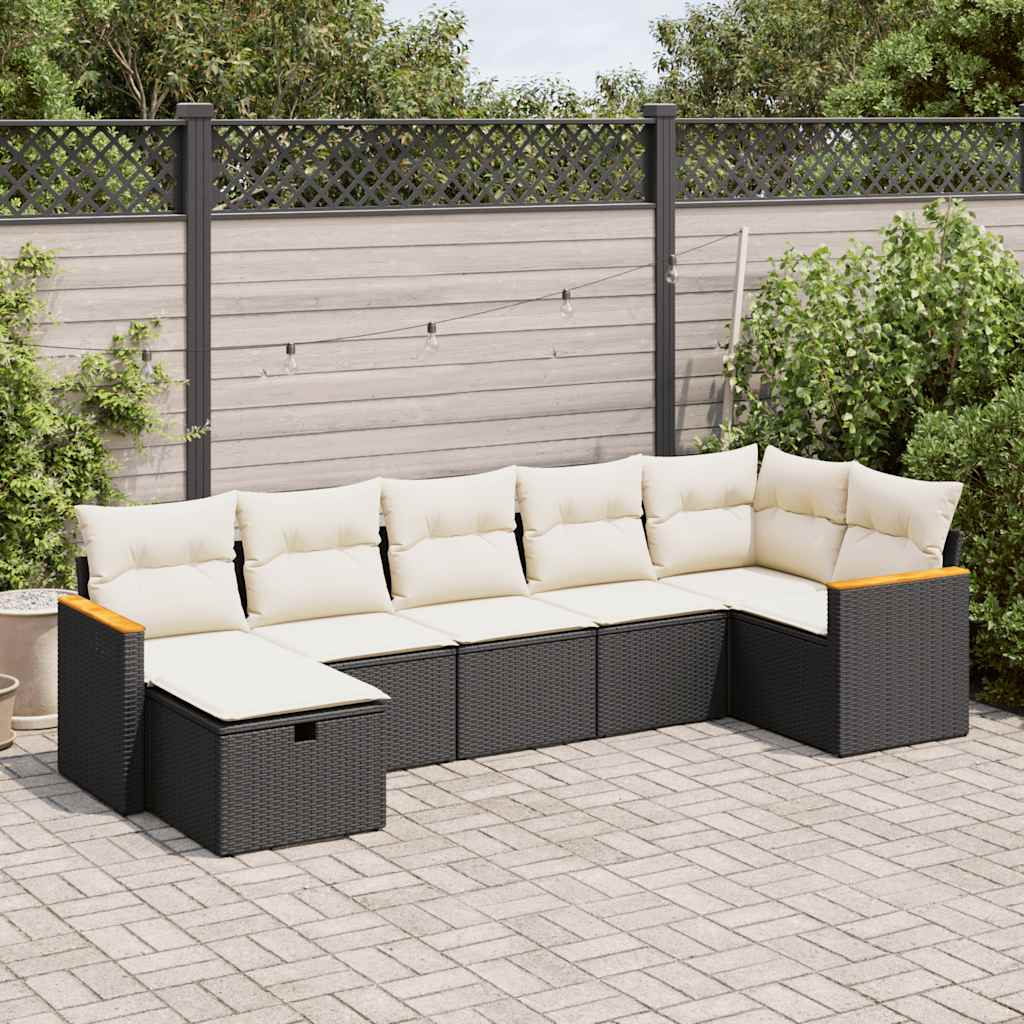 Set Canapele De Grădină Cu Perne, 7 Piese, Negru, Poliratan
