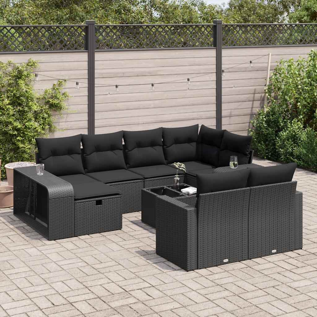 Set Canapele De Grădină Cu Perne, 10 Piese, Negru, Poliratan