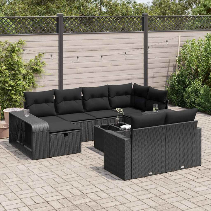 Set Canapele De Grădină Cu Perne, 10 Piese, Negru, Poliratan