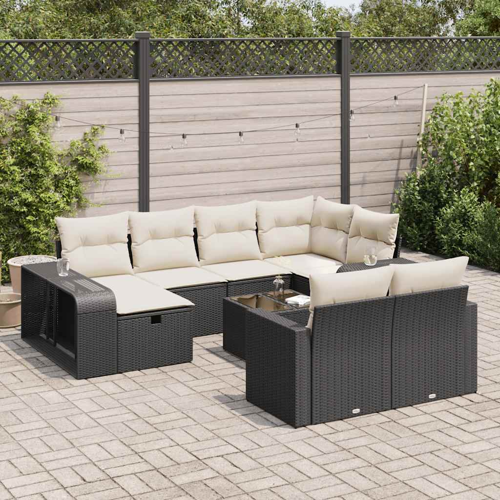 Set Canapele De Grădină Cu Perne, 10 Piese, Negru, Poliratan
